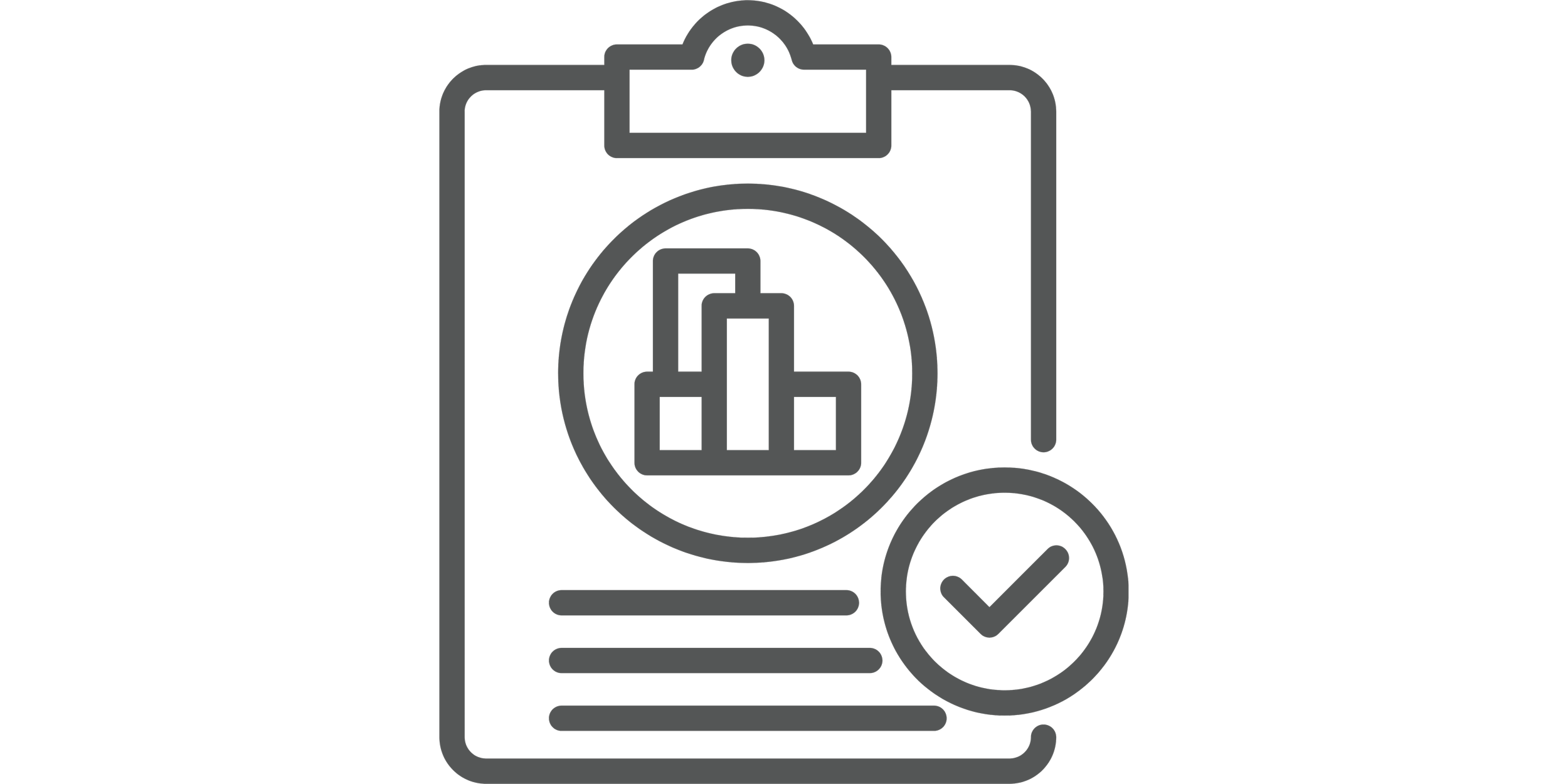 Icon of a clipboard with a bar chart, a circle with a checkmark, and a clock.