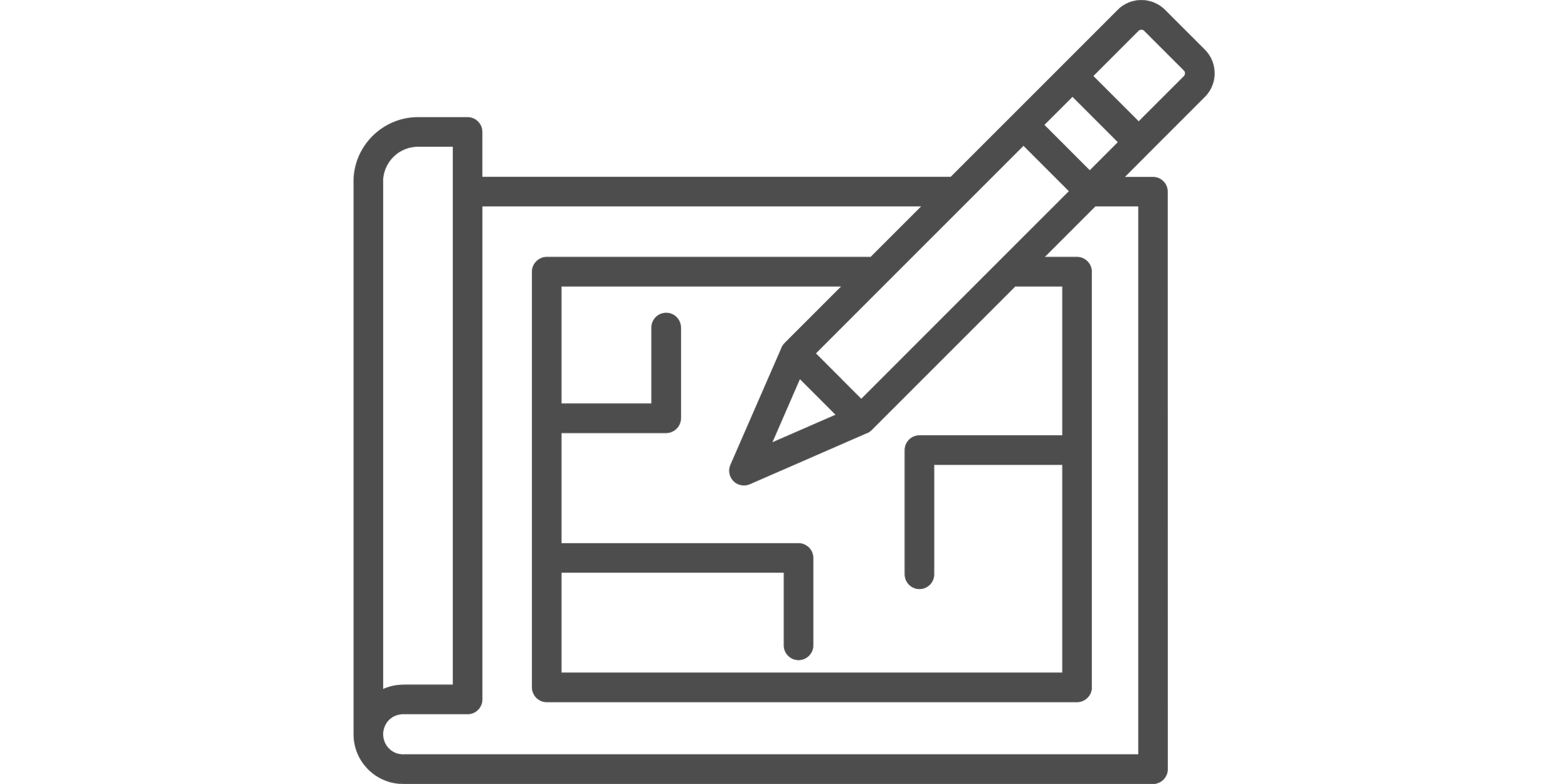 Outline icon of a book with a pencil writing on it.