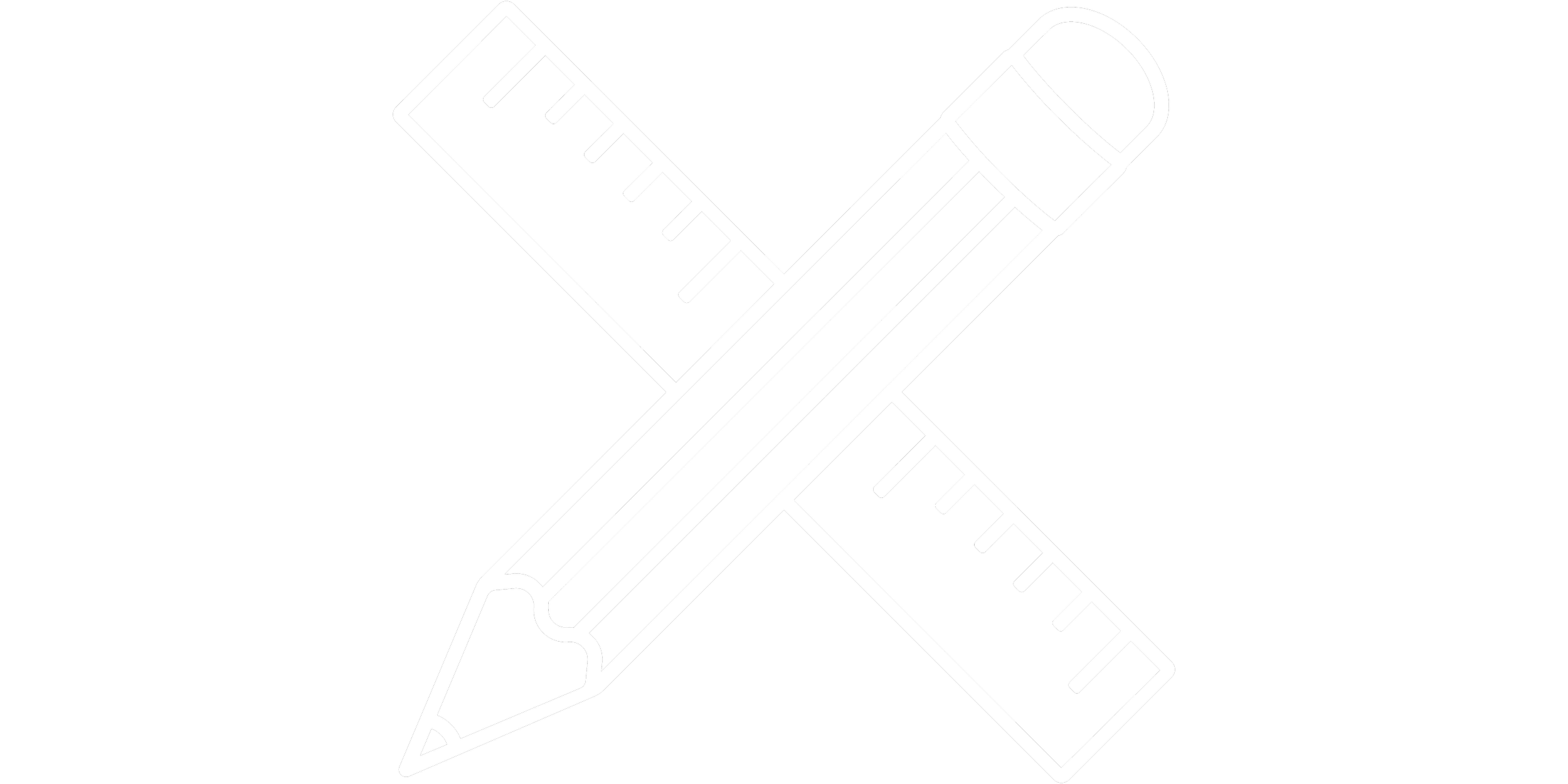 Outline of a ruler and a pencil crossed against each other on a black background.