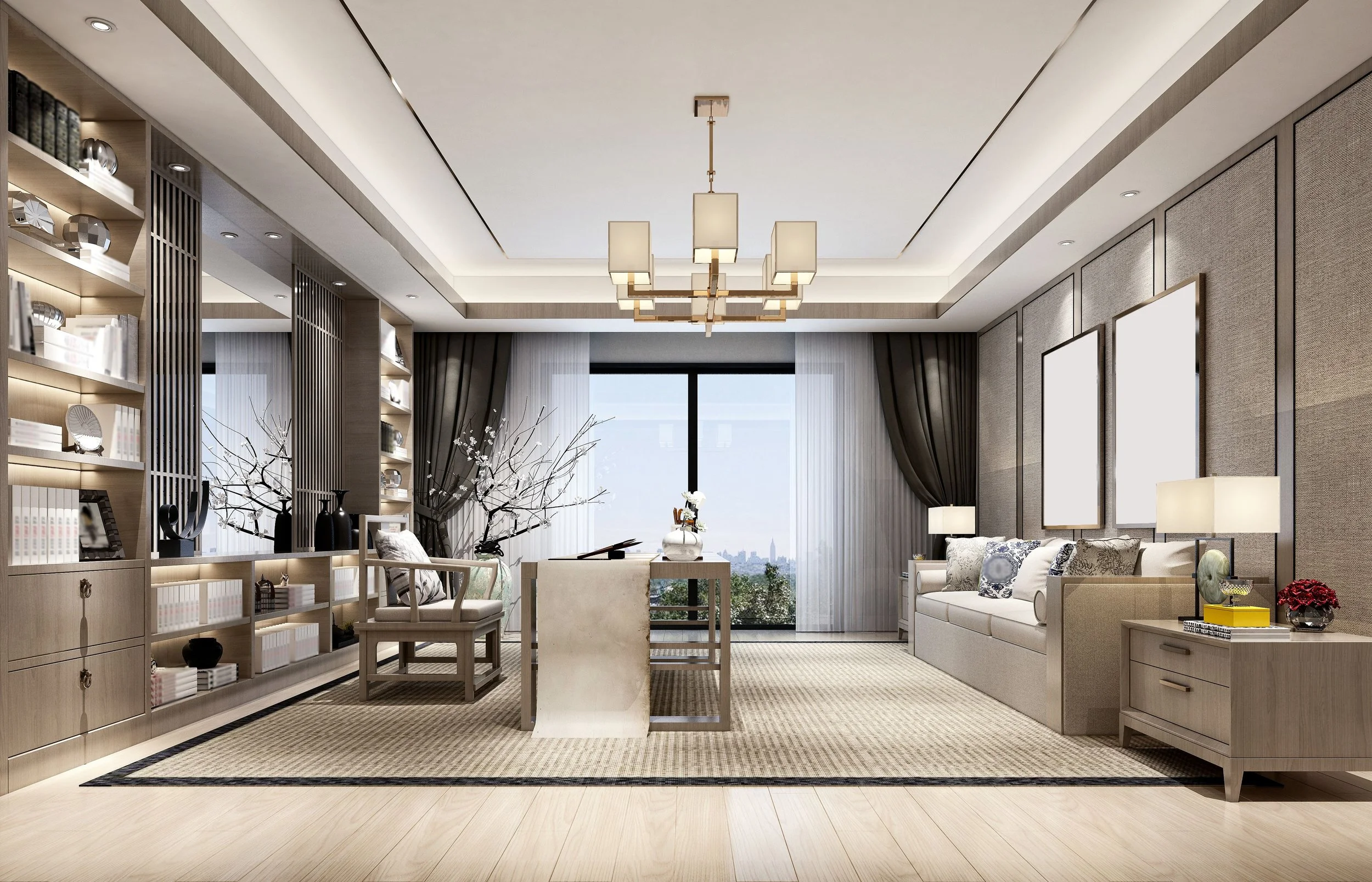 Modern living room with light wood furniture, a large window with dark curtains, beige sofa with patterned cushions, white coffee table, and decorative shelves with books and art pieces, illuminated by a ceiling chandelier.