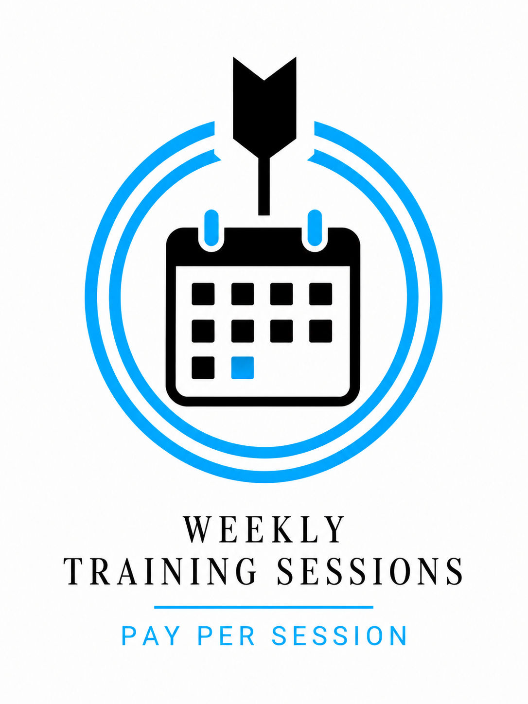 Graphic with a calendar, arrow, and concentric blue circles, promoting weekly training sessions with pay-per-session pricing.