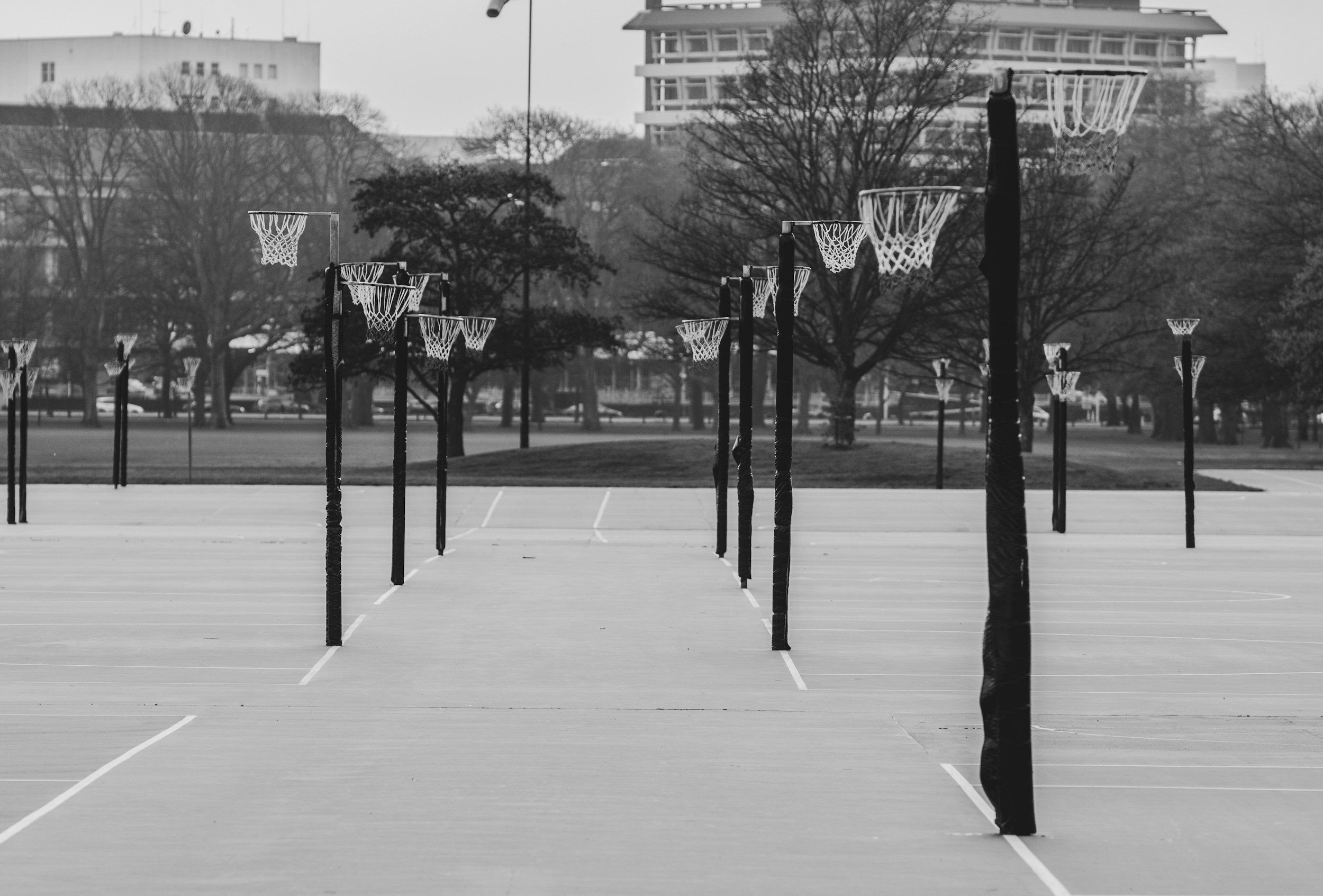 Black and white photo of an outdoor basketball court with multiple basketball hoops, trees in the background, and an urban building behind them.