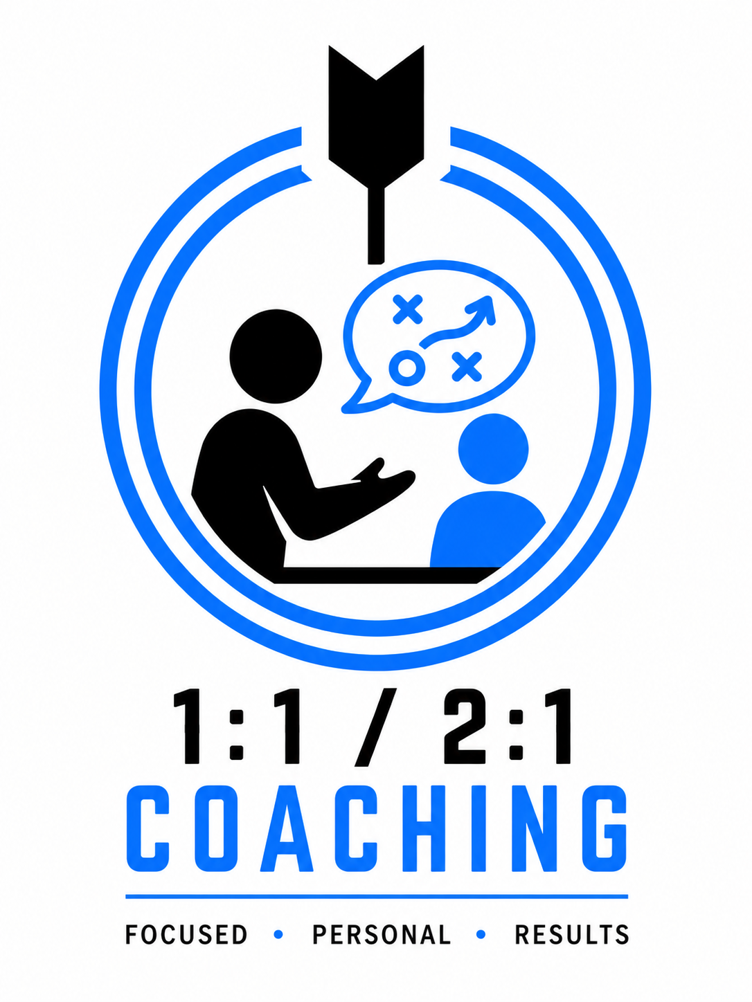 Logo for coaching services with a person explaining strategy to another, a dart at the top, and words '1:1 / 2:1 Coaching' with tags 'Focused, Personal, Results'.