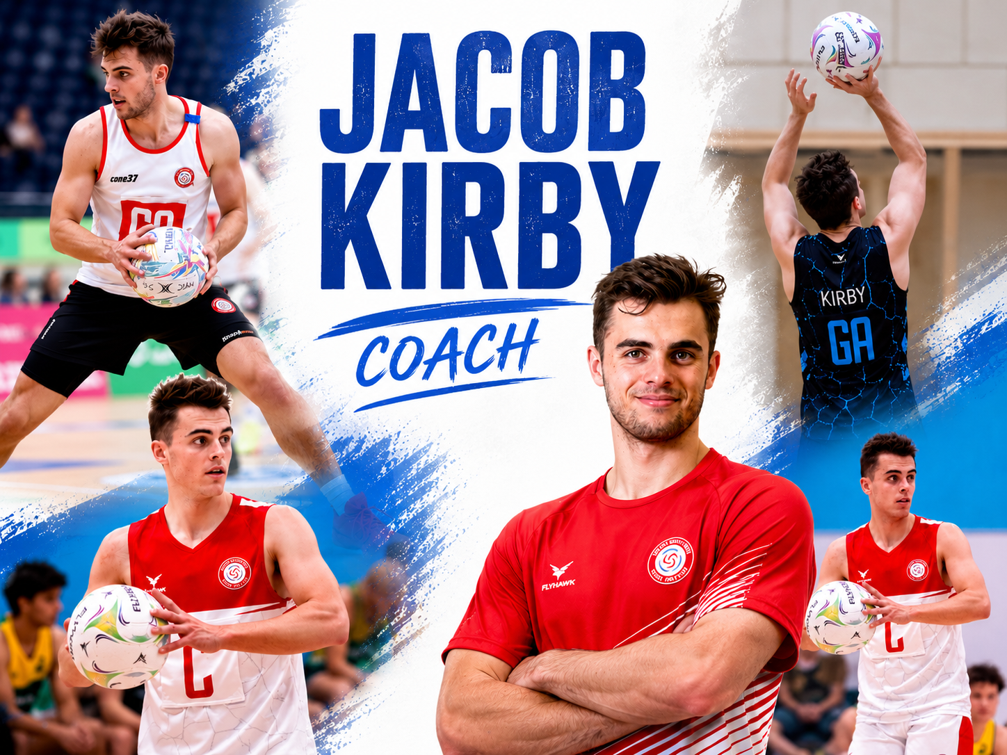 A promotional graphic for Jacob Kirby, a sports coach. The image features multiple photos of a young male athlete with dark hair, wearing sports gear, playing volleyball and holding a volleyball. The central image shows him smiling with crossed arms, wearing a red sports shirt with a logo, and the background includes other athletic images and a blue and white design with "Jacob Kirby" and "Coach" written prominently.