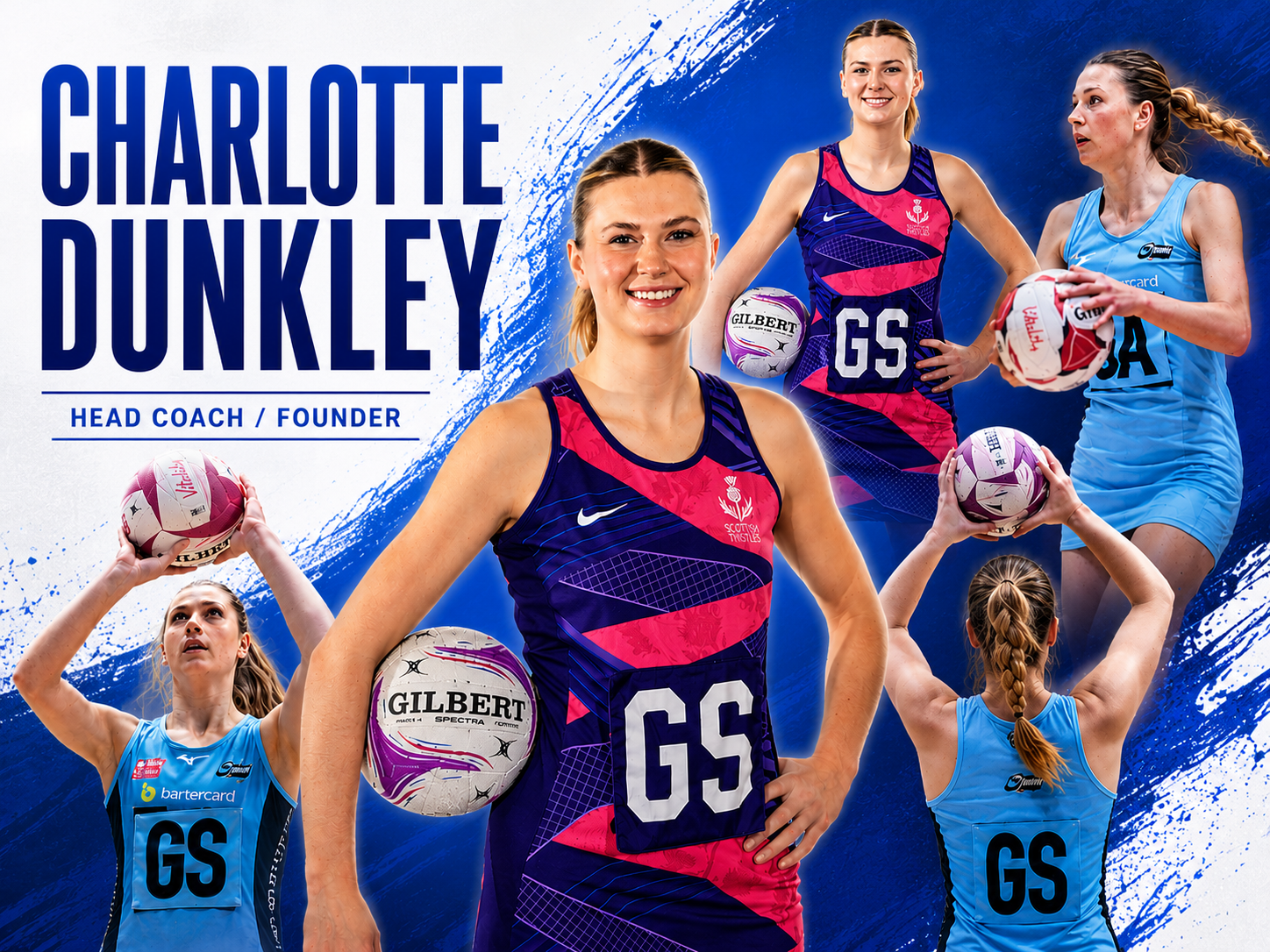 Photo collage of Charlotte Dunkley, a female volleyball player, with multiple action shots. She is wearing a blue and pink sports uniform with "GS" on it and holding a Gilbert volleyball. The background has blue paint splashes, and her name and title as head coach and founder are displayed prominently.
