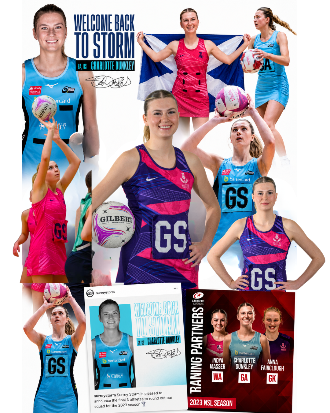 Collage of female volleyball players including Charlotte Dunkley in various action poses and team photos, with text saying "Welcome Back to Storm" and information about team roster and season.