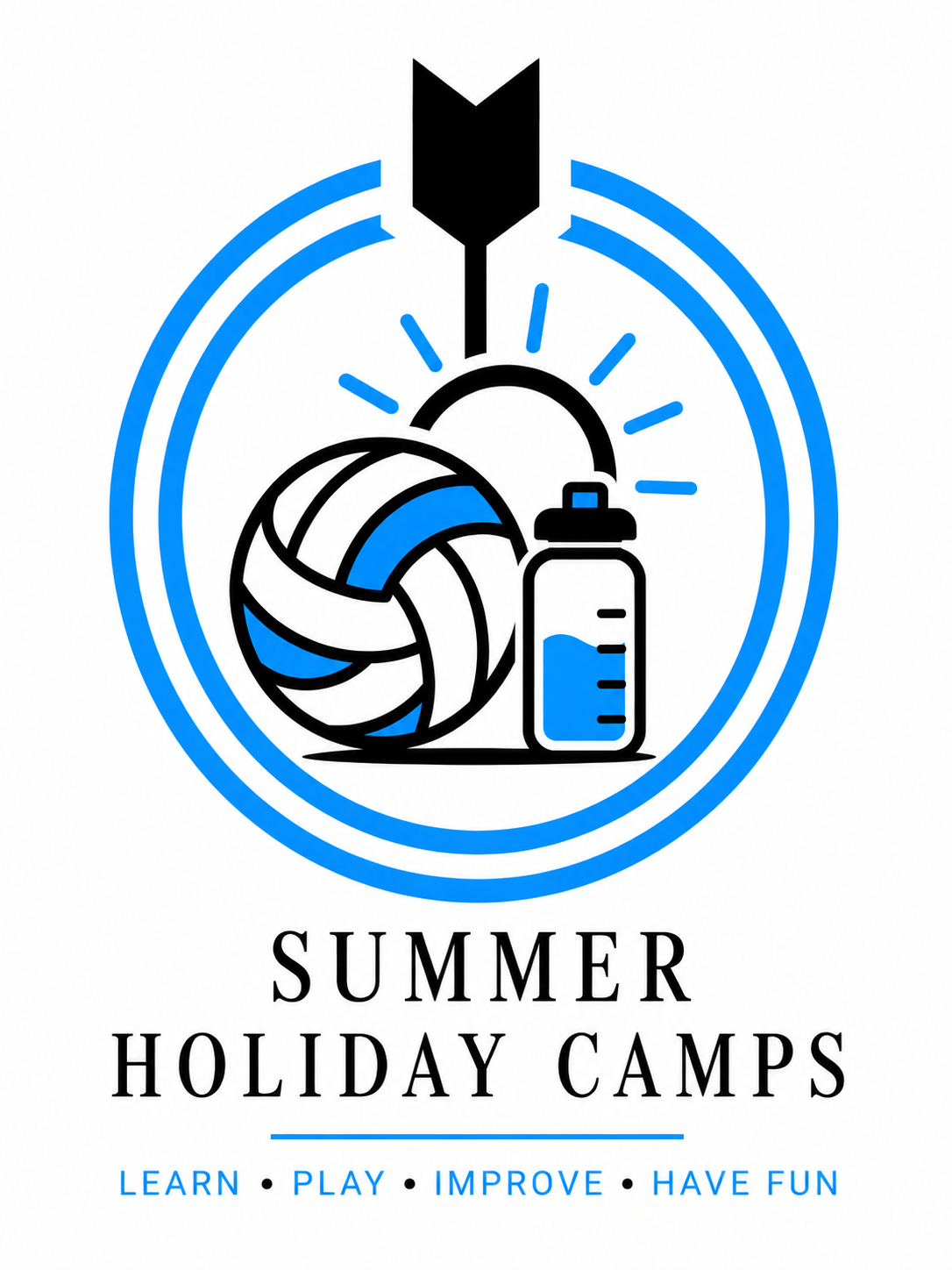 Logo for summer holiday camps featuring a dart, volleyball, water bottle, and sun, with the text "Summer Holiday Camps" and activities like learn, play, improve, have fun.