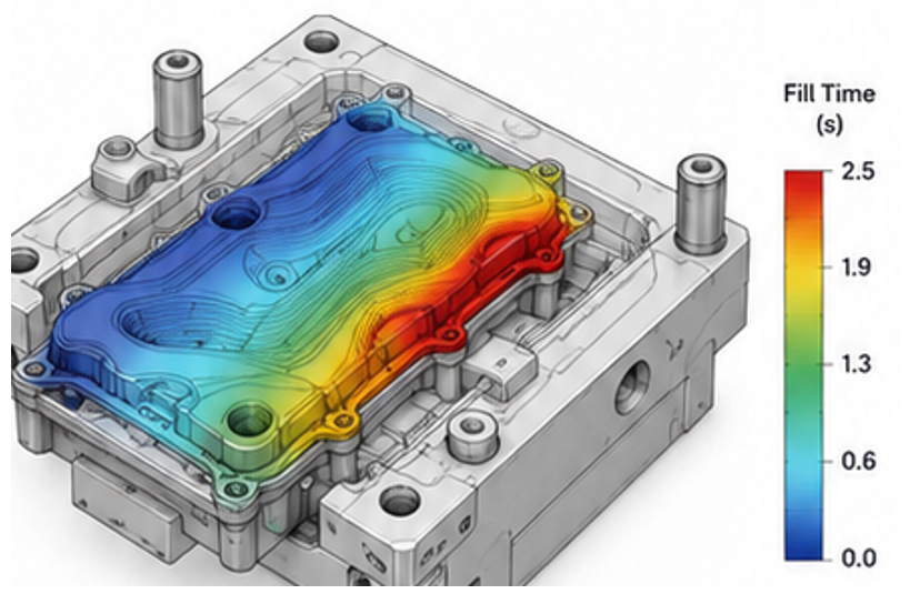 Mold-filling simulation of an automotive component, with colors showing fill time in seconds