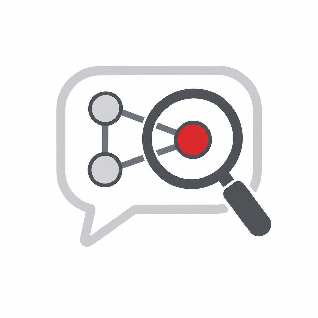 Speech bubble and magnifying glass examining a network of connected project topics
