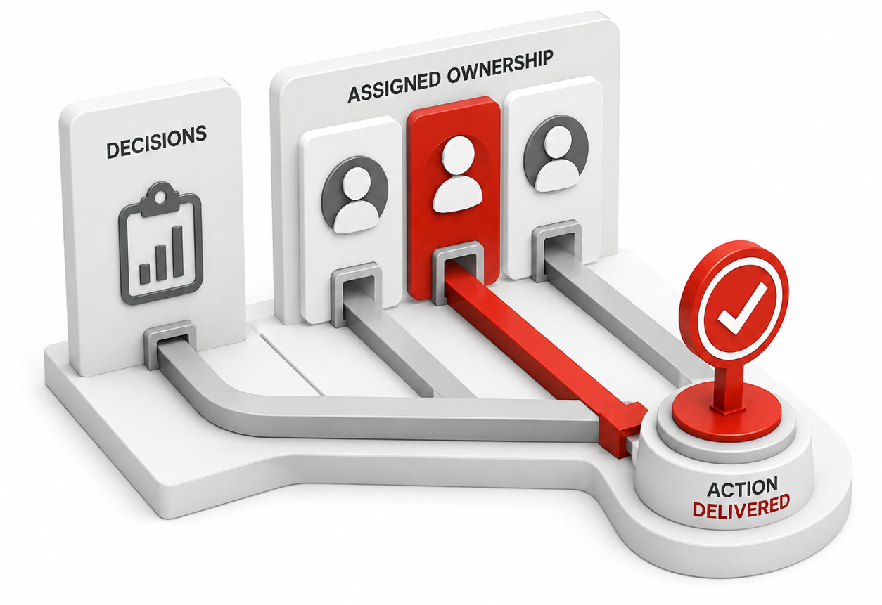Project accountability process linking decisions, assigned ownership and action