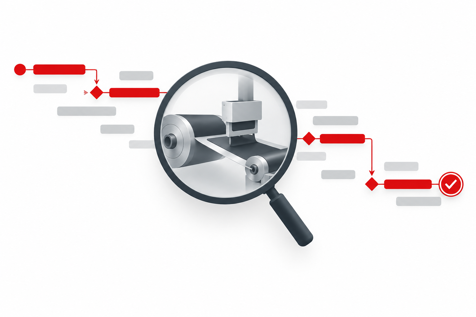 Magnifying glass connecting manufacturing operations with a critical path schedule and completion milestone