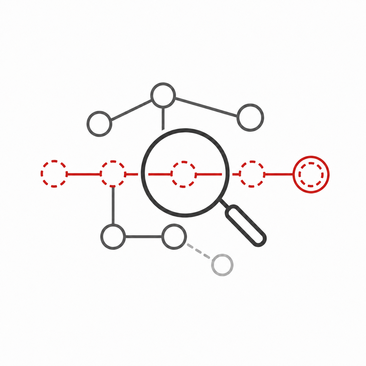 Magnifying glass examining project dependencies with the critical path highlighted in red