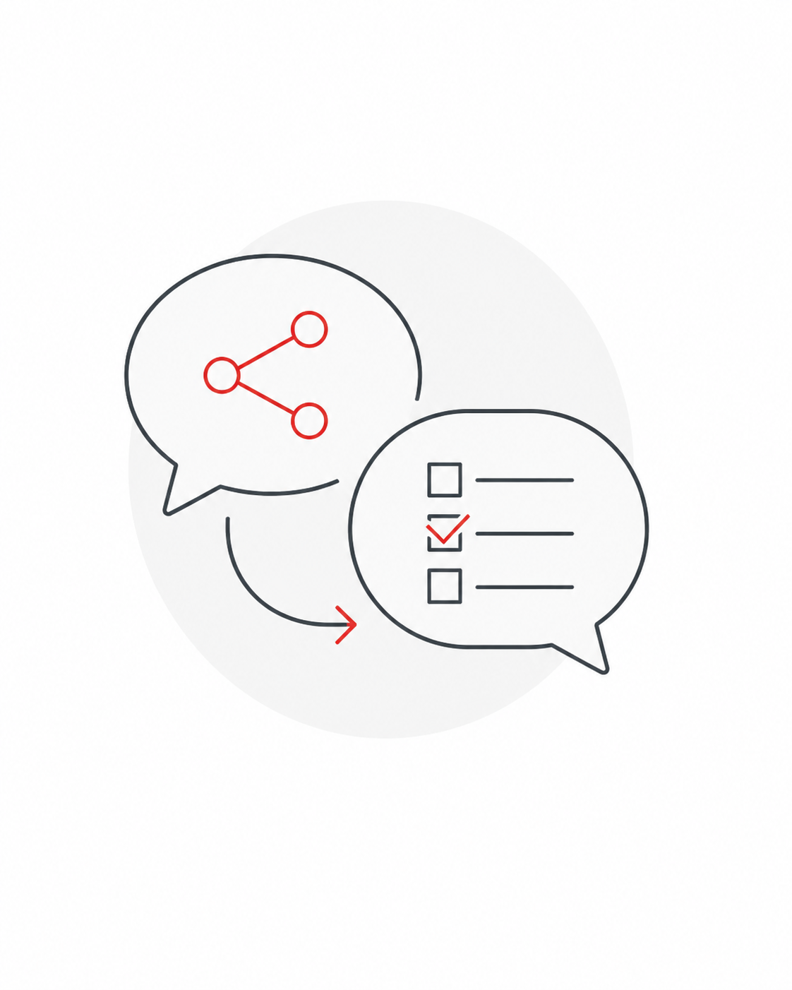 Speech bubbles with a network and checklist representing a structured project discussion