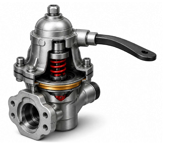 Cutaway of a fuel pump showing its internal spring and mechanical components