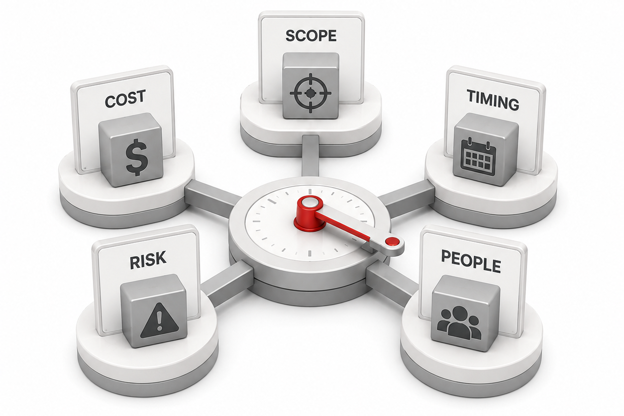 Project trade-offs linking scope, cost, timing, people and risk