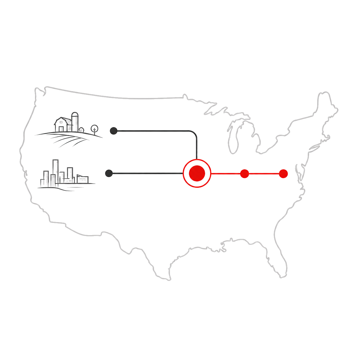 U.S. map with connected industrial and urban locations, representing American project leadership