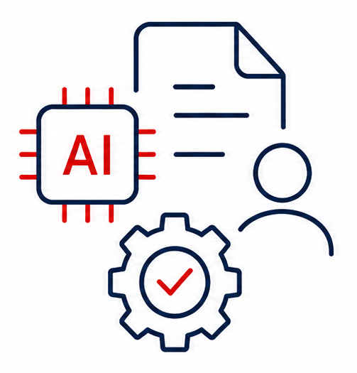 AI-assisted project administration illustrated by a chip, document, user and completed task