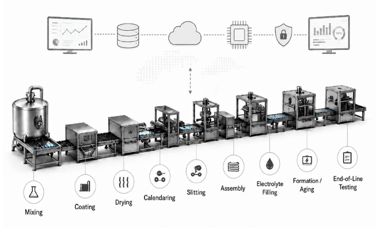 Battery production process from mixing and coating through cell assembly, formation and end-of-line testing