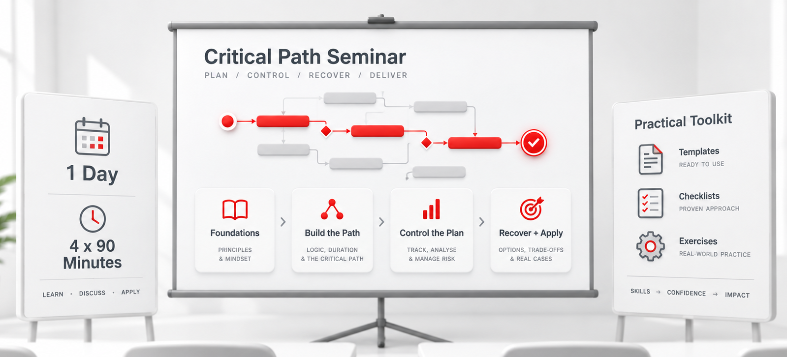 Critical Path Seminar: four 90-minute sessions on foundations, building the path, controlling the plan and recovery, with a practical toolkit