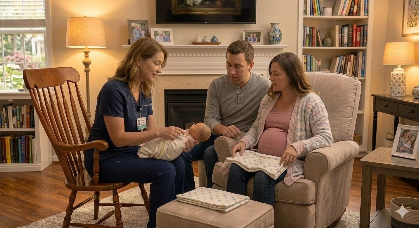 A woman in medical scrubs holding a newborn baby, with a man and pregnant woman sitting nearby in a cozy living room.