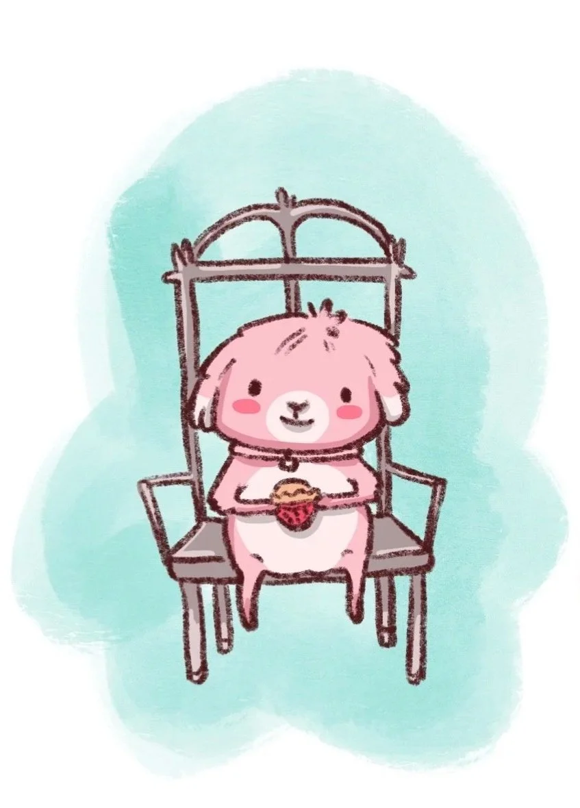 A cute illustrated pink dog with long hair sitting on a wooden chair, holding a strawberry, against a light blue watercolor background.