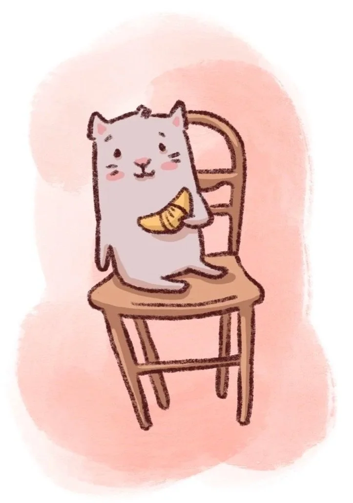 Cute cartoon cat sitting on a wooden chair, holding a croissant with a pink background.