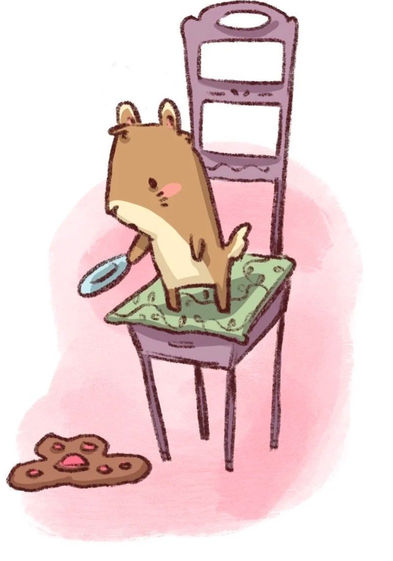 Cute chipmunk standing on a pink chair, holding an empty plate. He is looking down at the desert that fell off his plate.