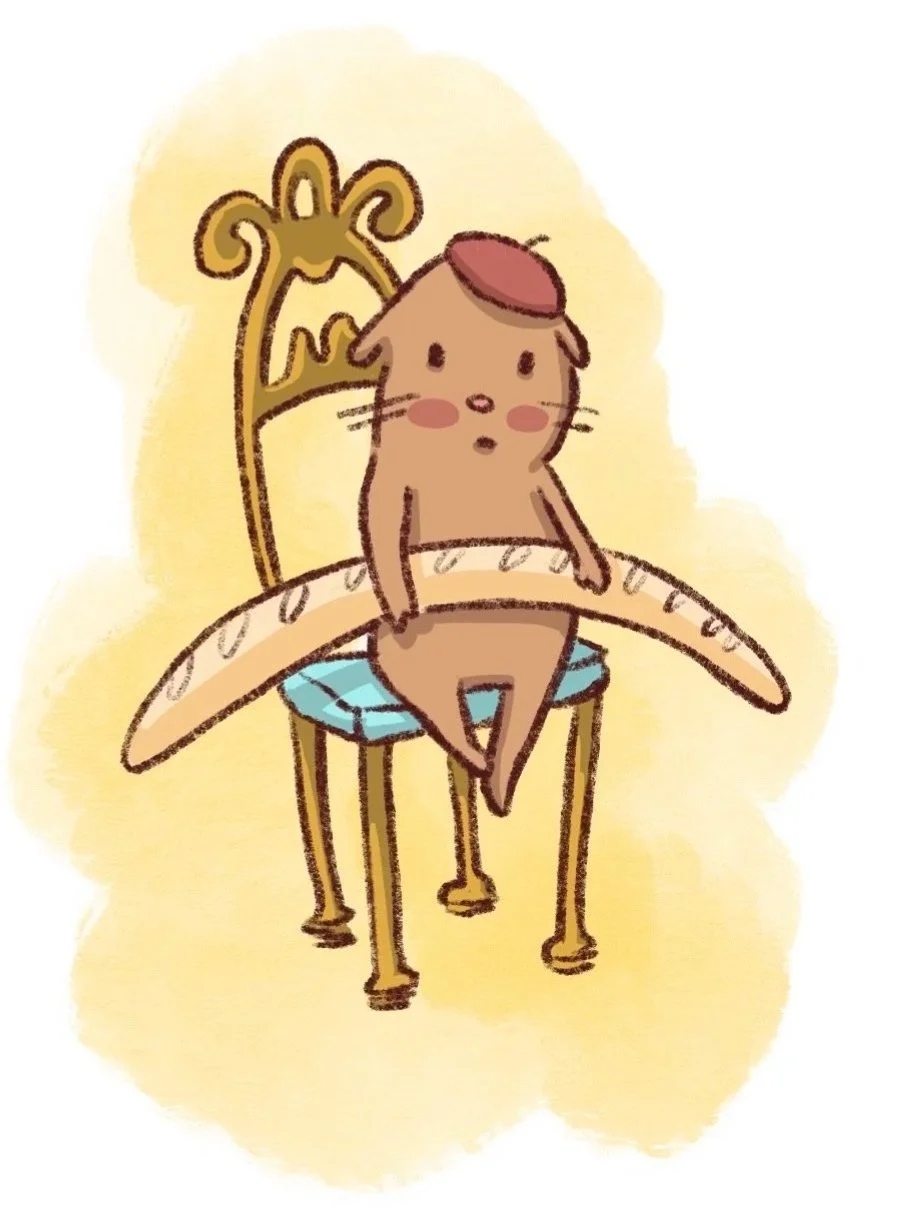 A cute cartoon otter with a beret sitting on a vintage chair with a blue cushion, holding a baguette.