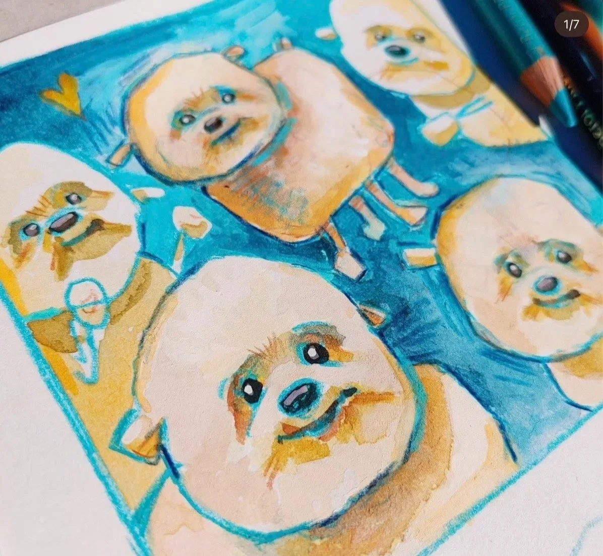 Hand-drawn illustration of multiple adorable dog faces with happy expressions, set against a bright blue background. The drawing uses vibrant colors and has pencils placed nearby.