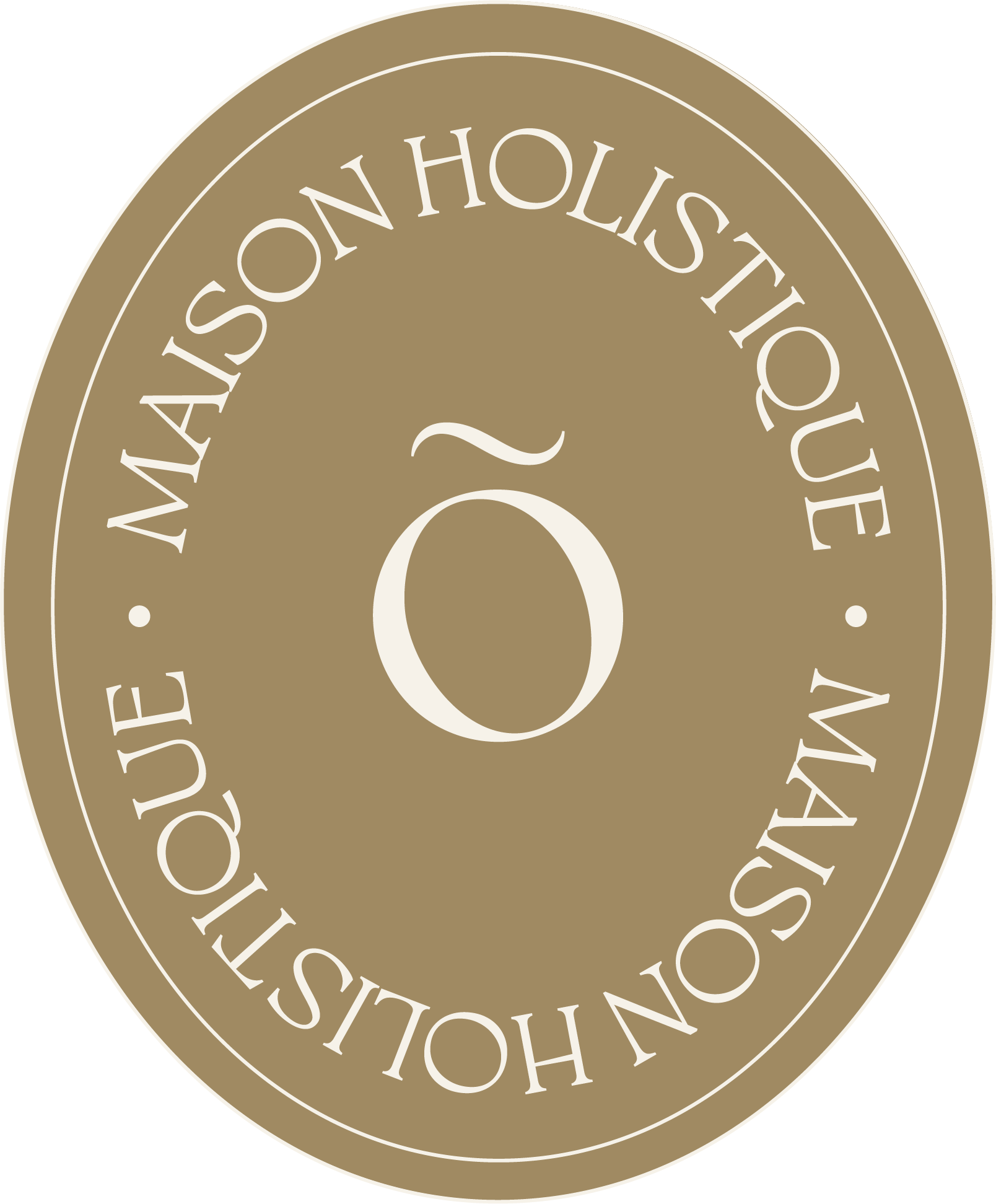 Close-up of a circular medal or stamp with a gold background, featuring concentric rings of text and a central decorative element.