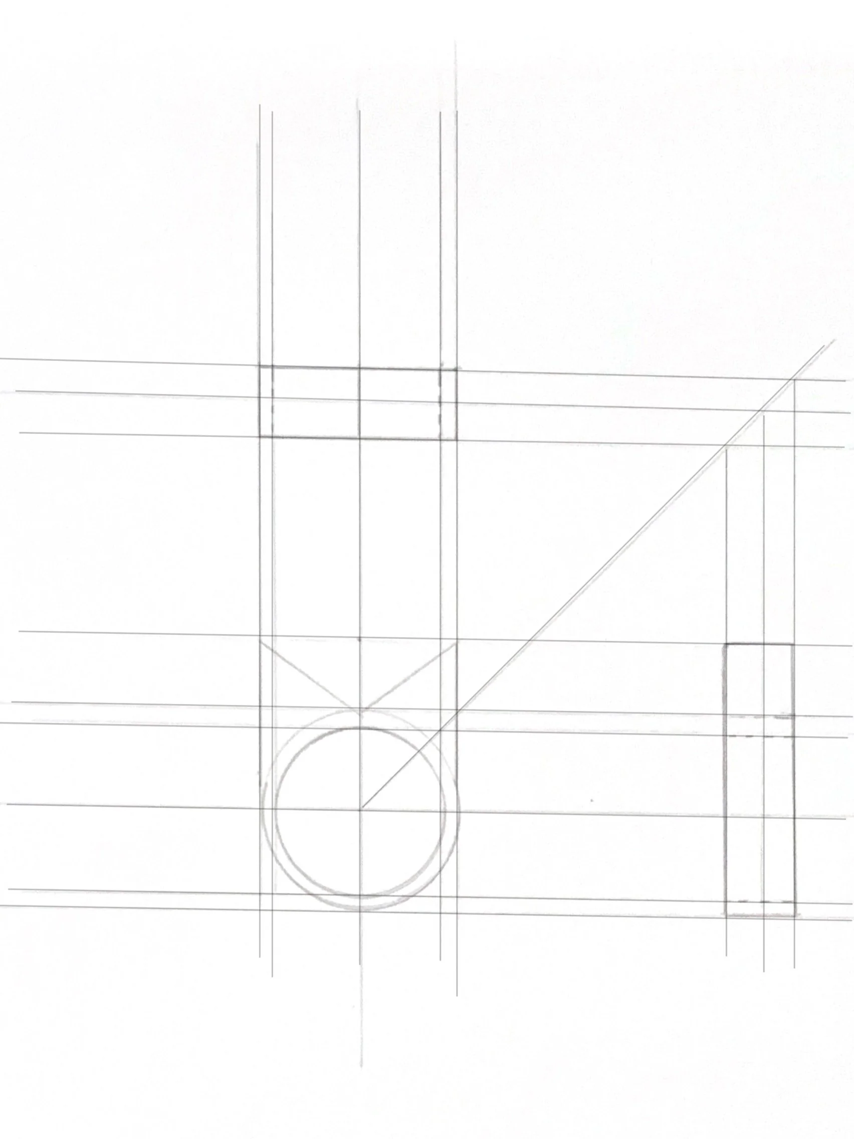 Technical drawing with straight lines, circles, and geometric shapes on grid paper.