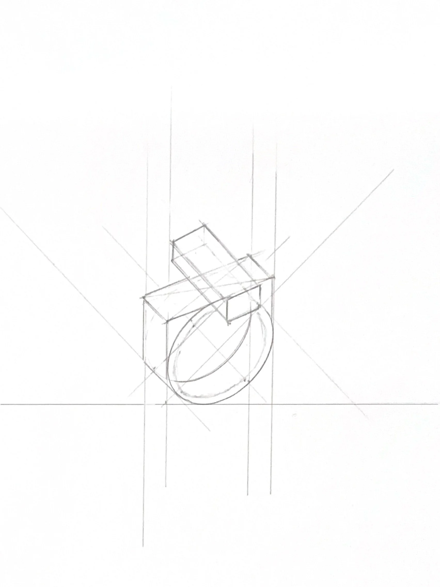 Sketch of a chair with a round seat and a rectangular backrest, drawn in perspective on a white background.
