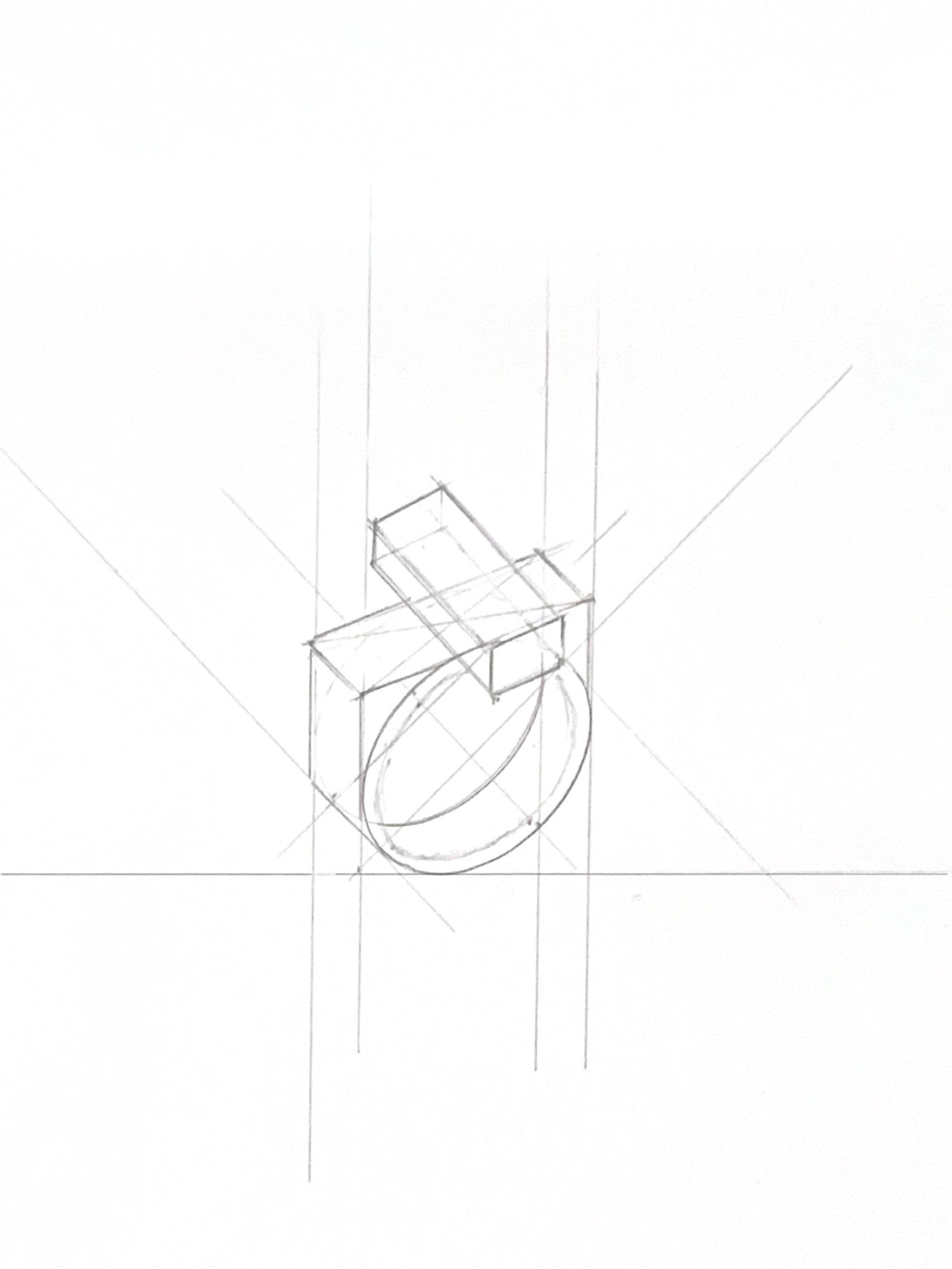 Sketch of a medical wheelchair with a square seat and large circular wheels, viewed at an angle.