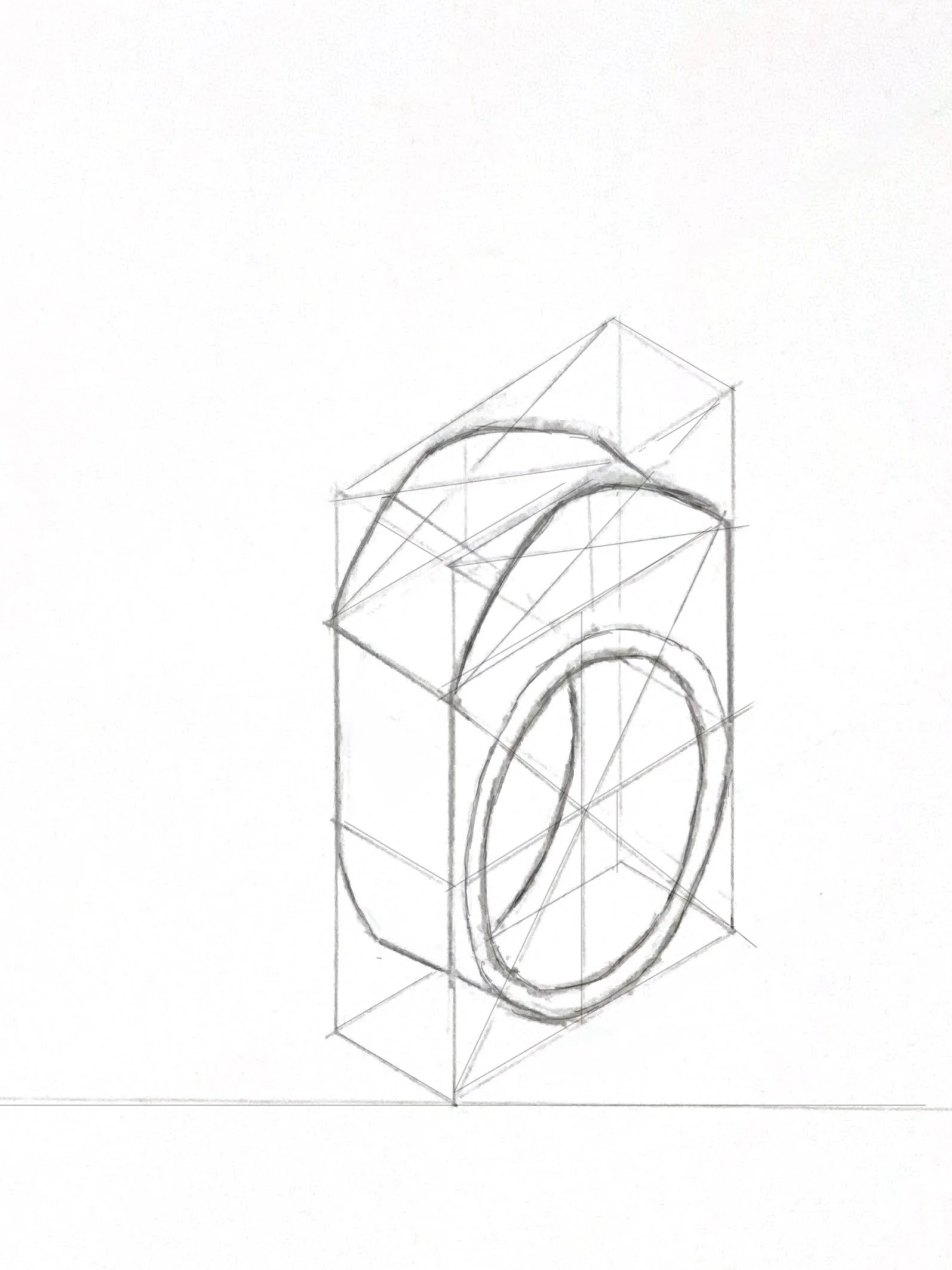 Sketch of a geometric 3D shape with cylindrical and rectangular components, constructed with lines and transparency to illustrate depth.