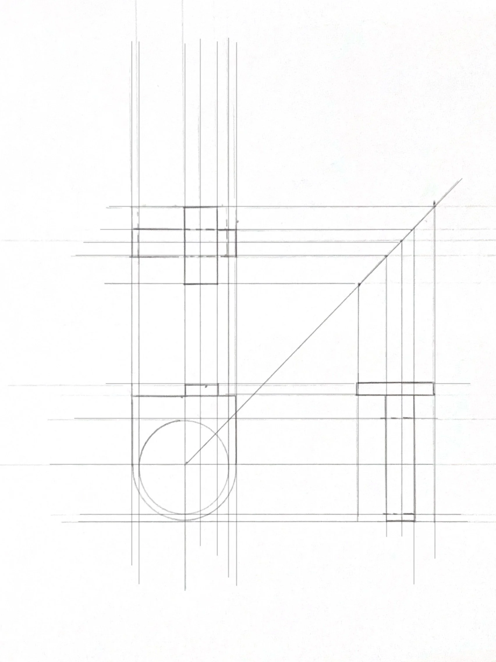 A technical drawing of geometric shapes and lines, including circles, squares, and diagonal lines, on a white background.