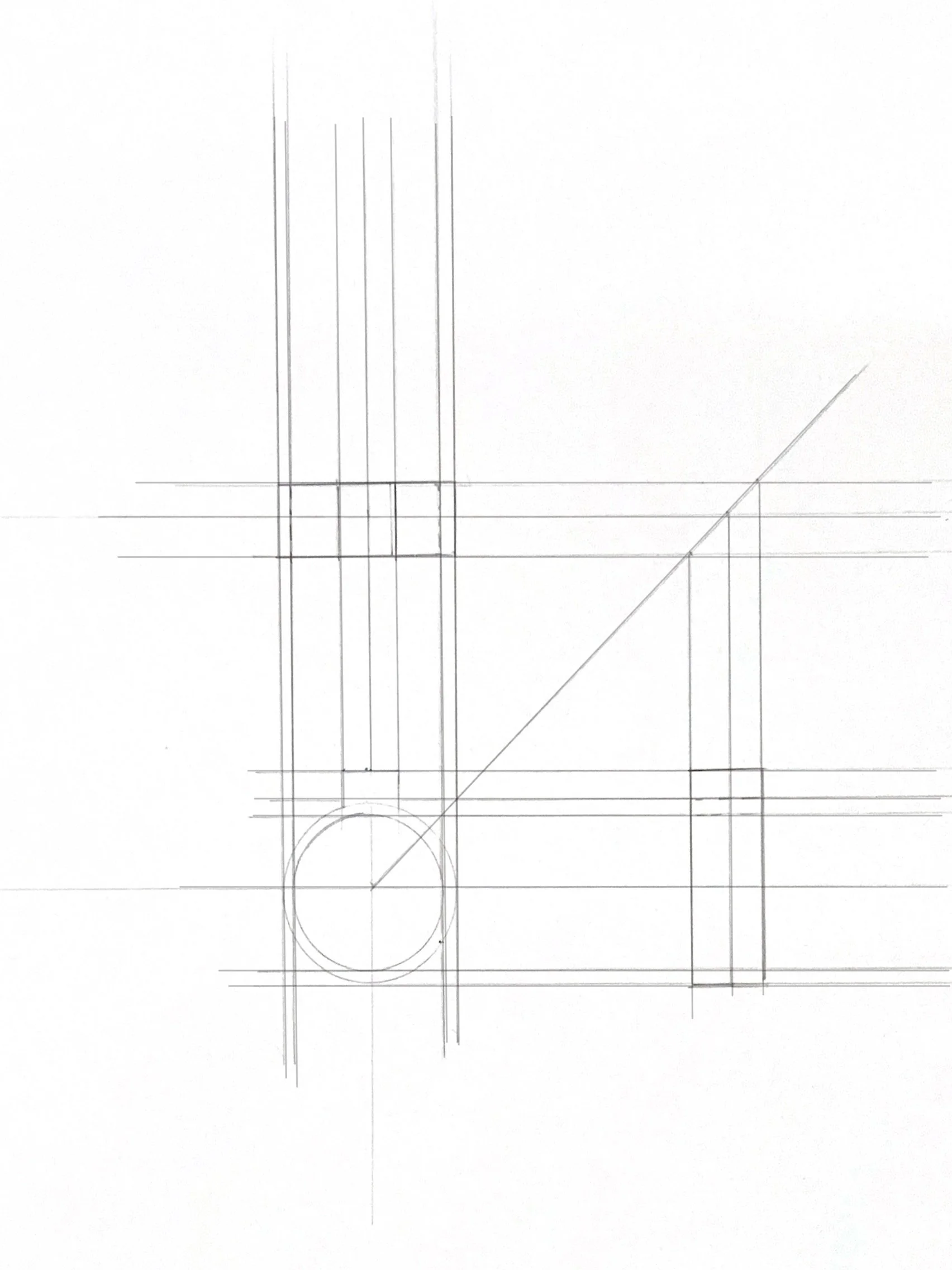 Sketch of a technical drawing or architectural plan with multiple straight and curved lines on graph paper.