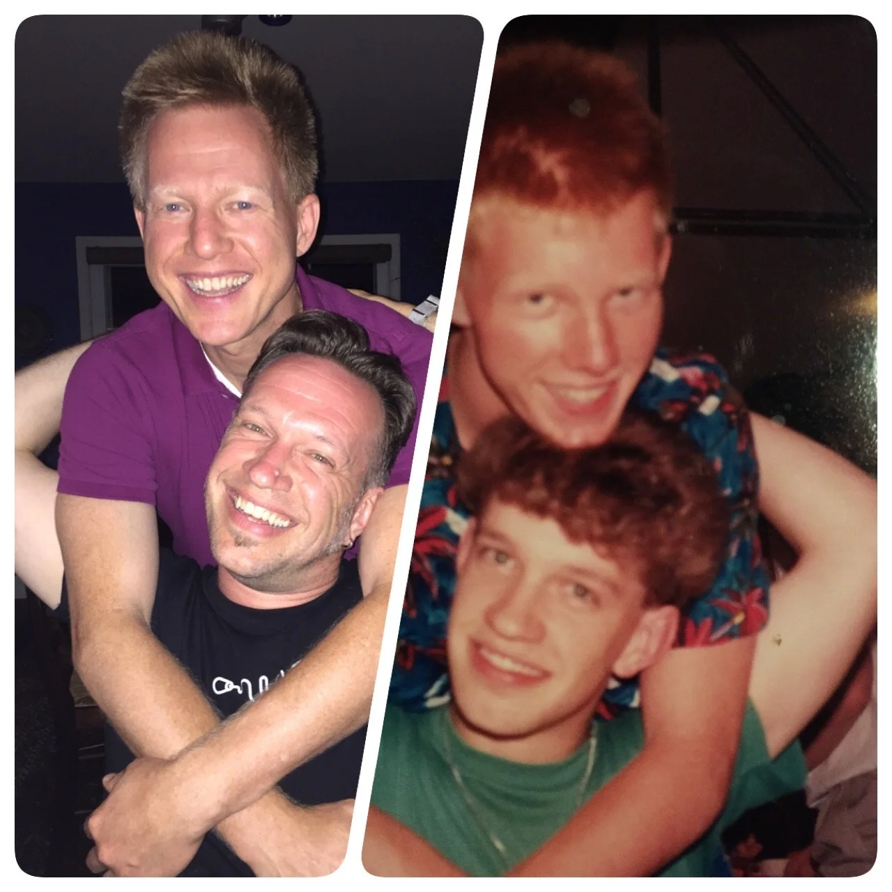 Two separate photos of young men smiling and embracing each other in casual clothing, one with red hair and the other with brown hair, taken indoors at a social gathering.