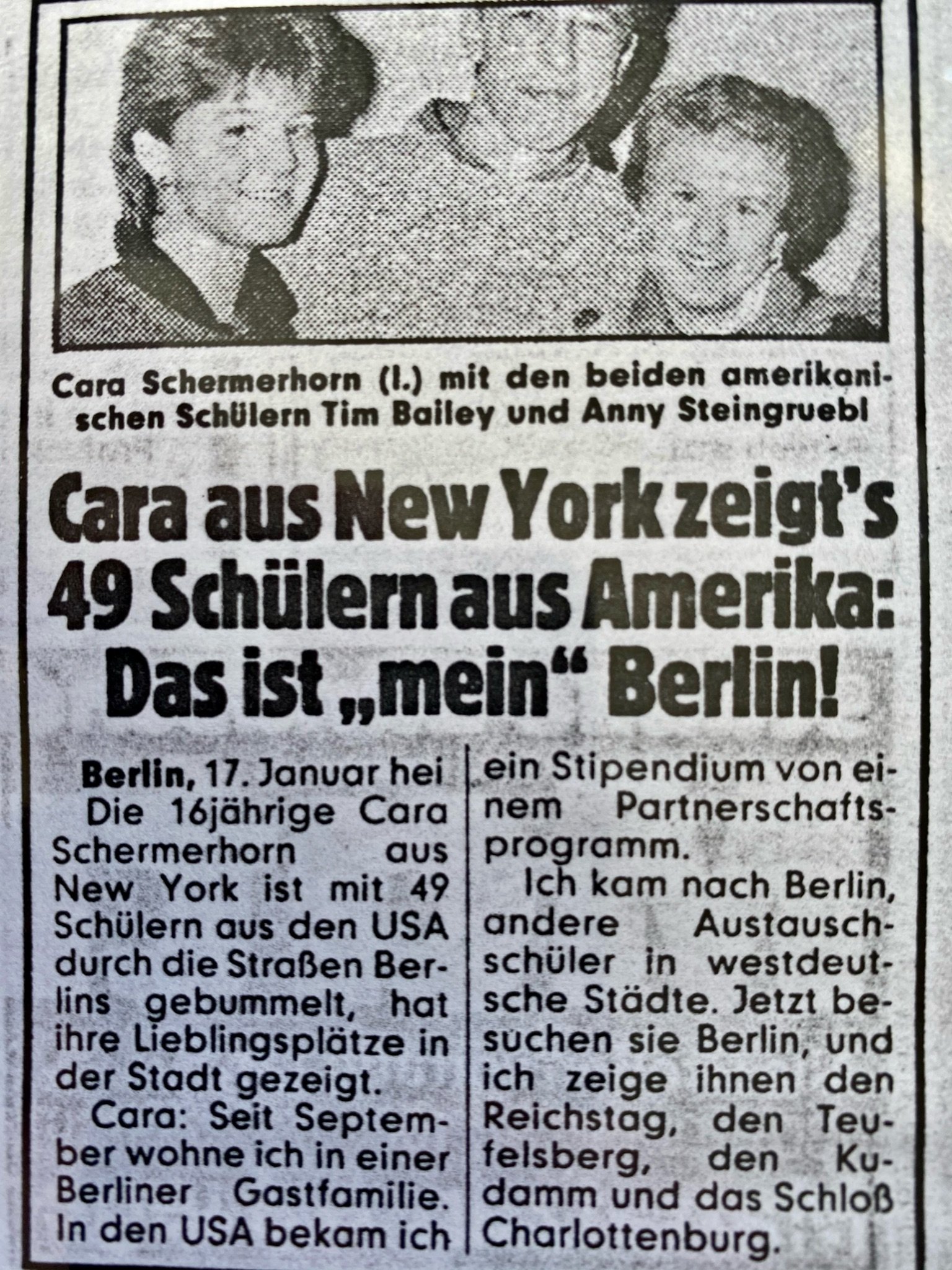 Black and white photo of Cara Schermerhorn with American students Tim Bailey and Anny Steingruebel. CBYX Students in Berlin. 