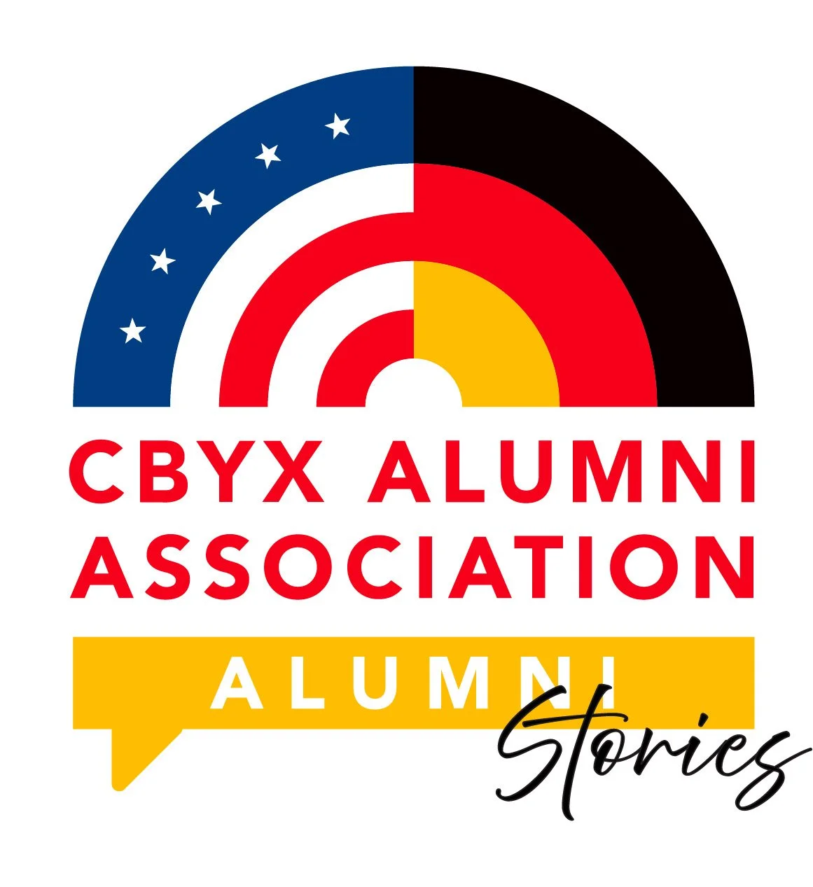 Logo of the CBYX Alumni Association, featuring a rainbow flag with American and German colors and stars, with the text 'CBYX Alumni Stories' in red, yellow, and black.