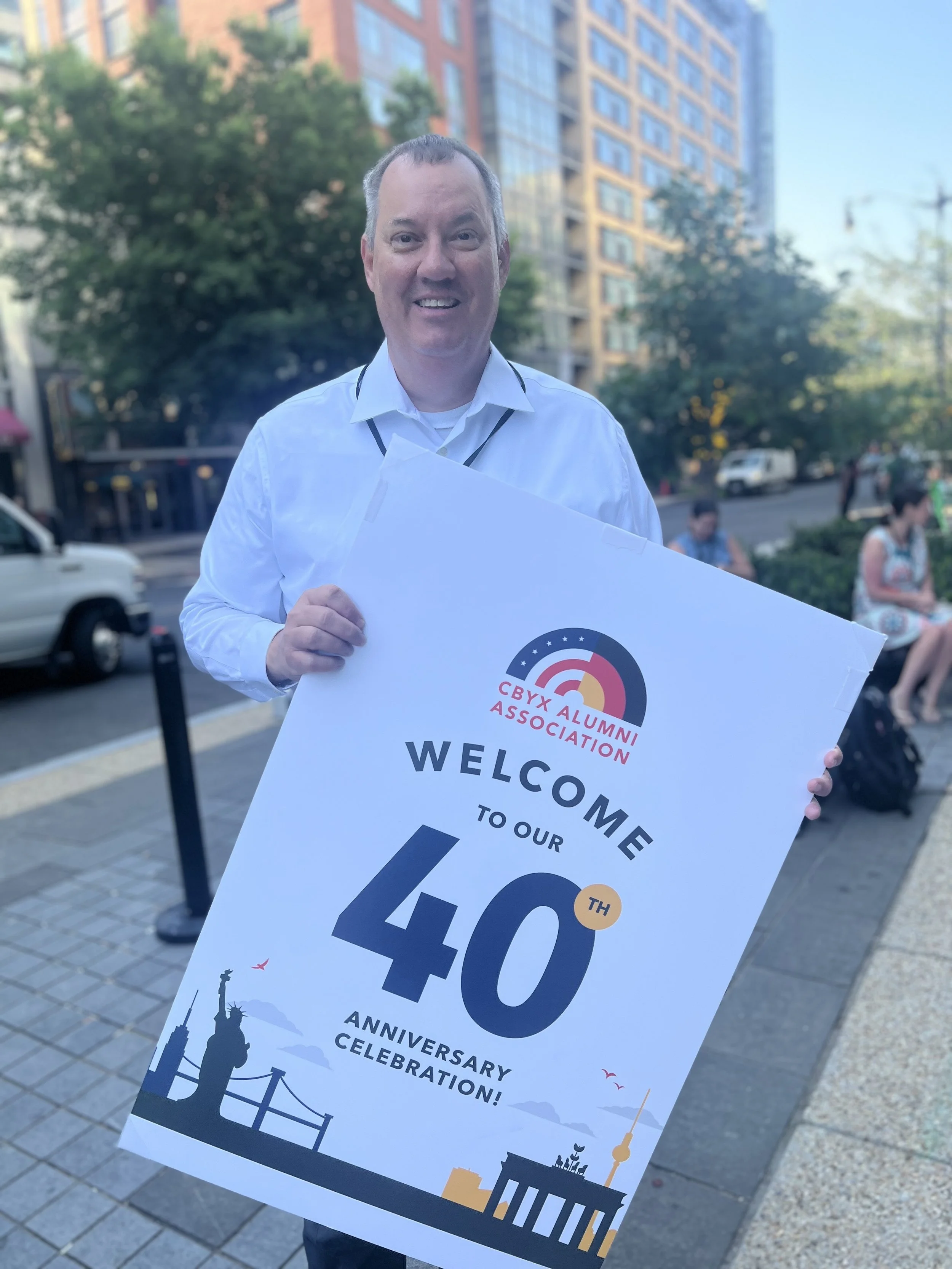 "Welcome to our 40th Anniversary Celebration!" with the logo of CBYX Alumni Association,  CBYX AA National Reunion, 40th Year Anniversary, Congress-Bundestag Youth Exchange Alumni Association, CBYX AA