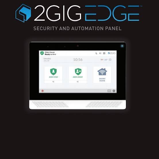2GIG Edge security and automation control panel with a touchscreen display showing alarm status options for arm stay, arm away, and smart home.