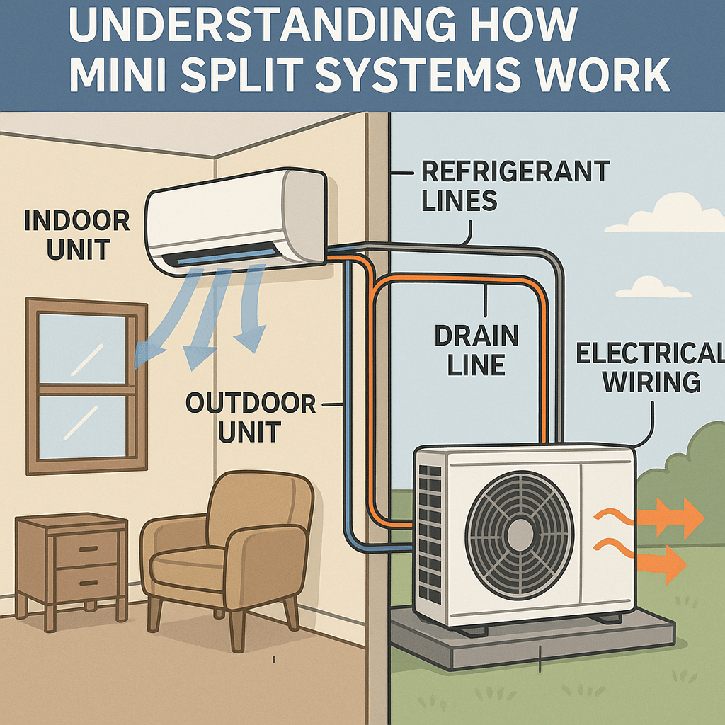 Diagram showing how mini split systems work, with labeled indoor and outdoor units, refrigerant lines, drain line, and electrical wiring.