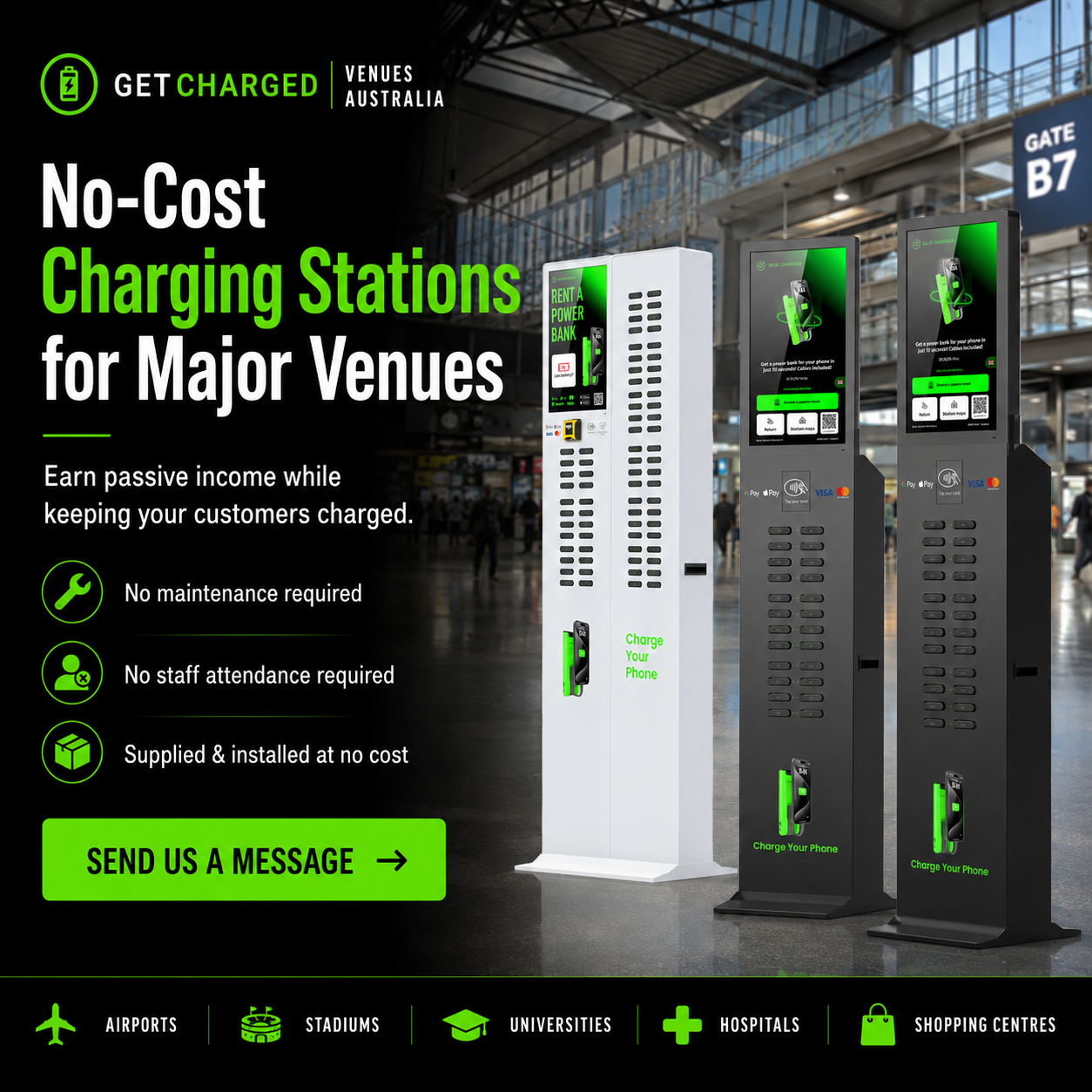 Advertisement for free charging stations at major venues in Australia, featuring multiple charging kiosks for phones, with icons indicating availability at airports, stadiums, universities, hospitals, and shopping centers.