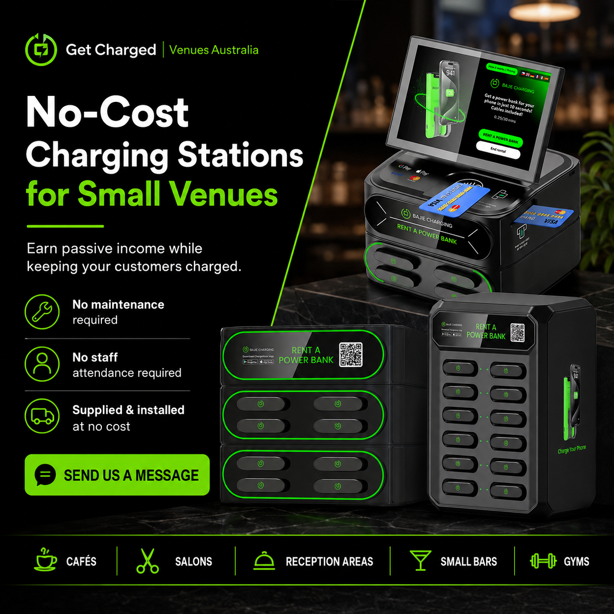Advertisement for no-cost charging stations for small venues, featuring a charging kiosk with multiple slots, a screen, and checkout options, promoting passive income and easy maintenance.