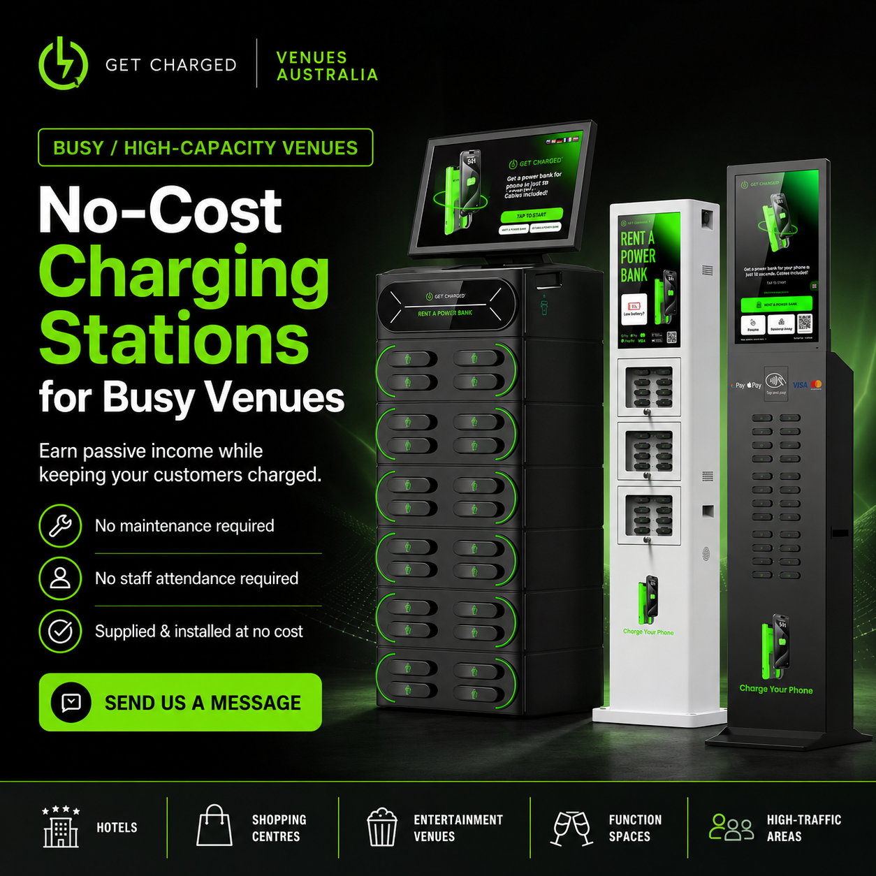 Advertisement for no-cost charging stations for busy venues, featuring images of multiple charging units and screens, with text highlighting benefits like no maintenance or staff required, and options to rent or purchase from venues in Australia.