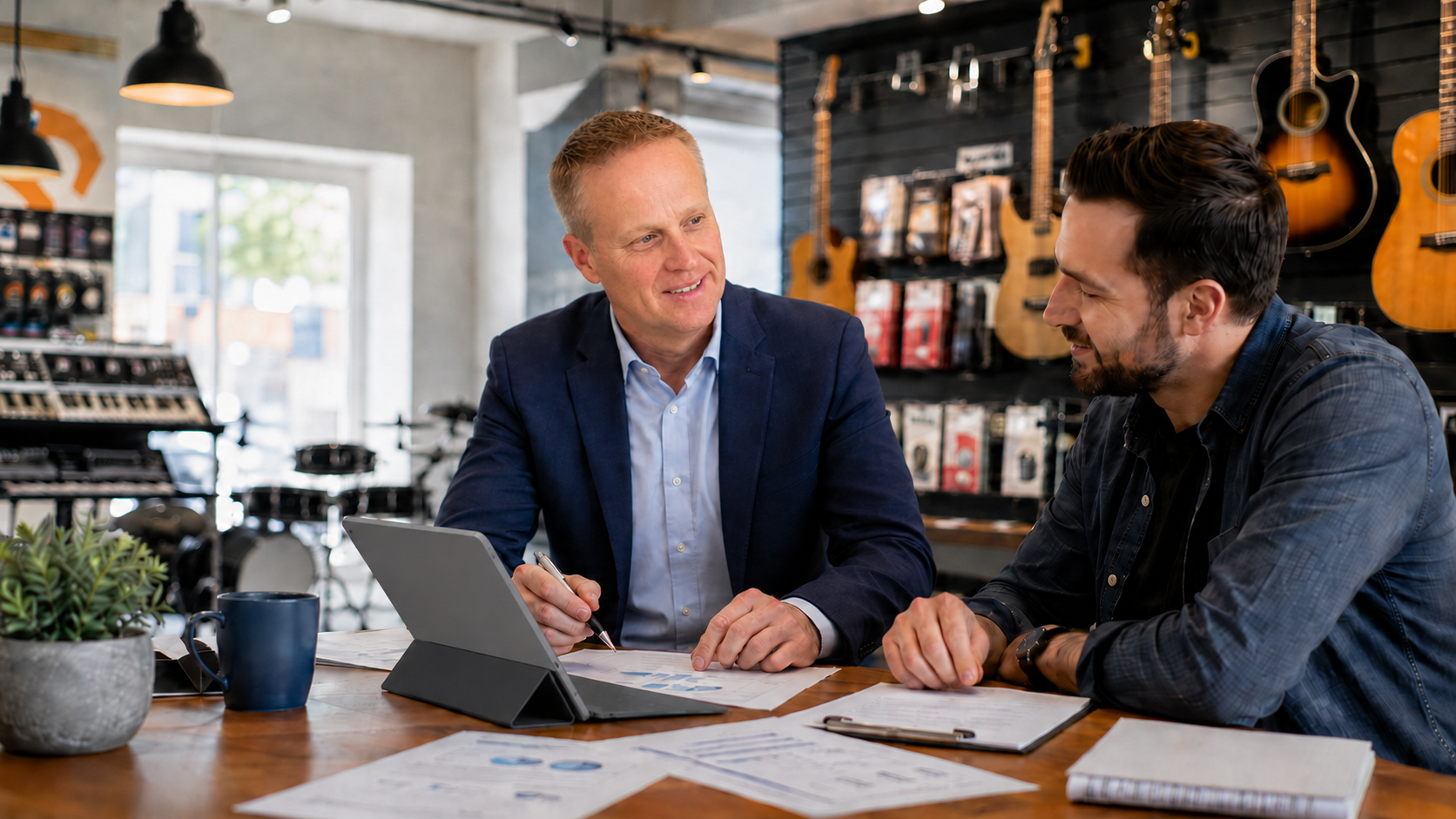 Advisor reviewing financial reports with a music store owner in his shop