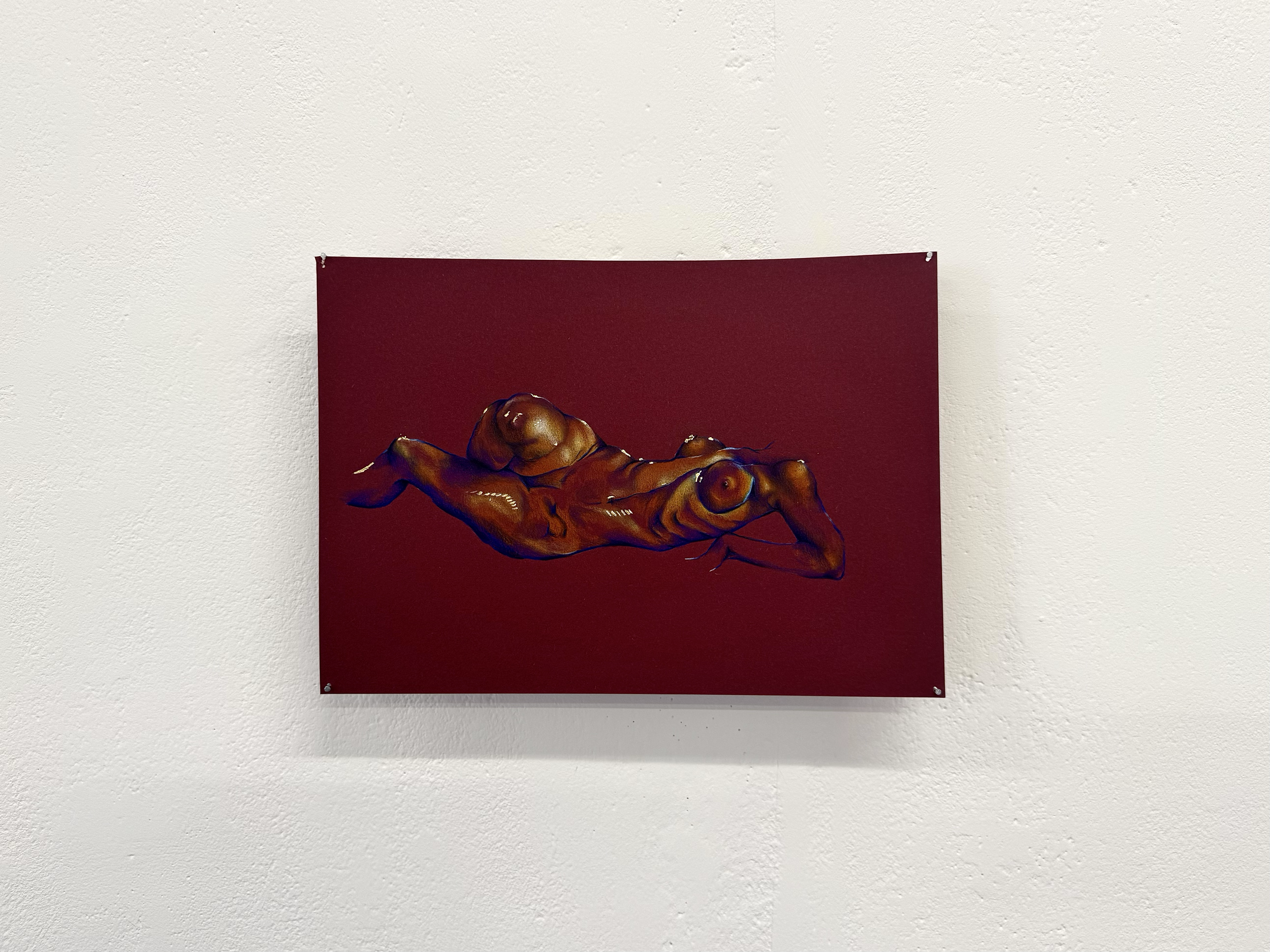 Painting of a reclining nude woman with long hair on a red background, displayed on a white wall.