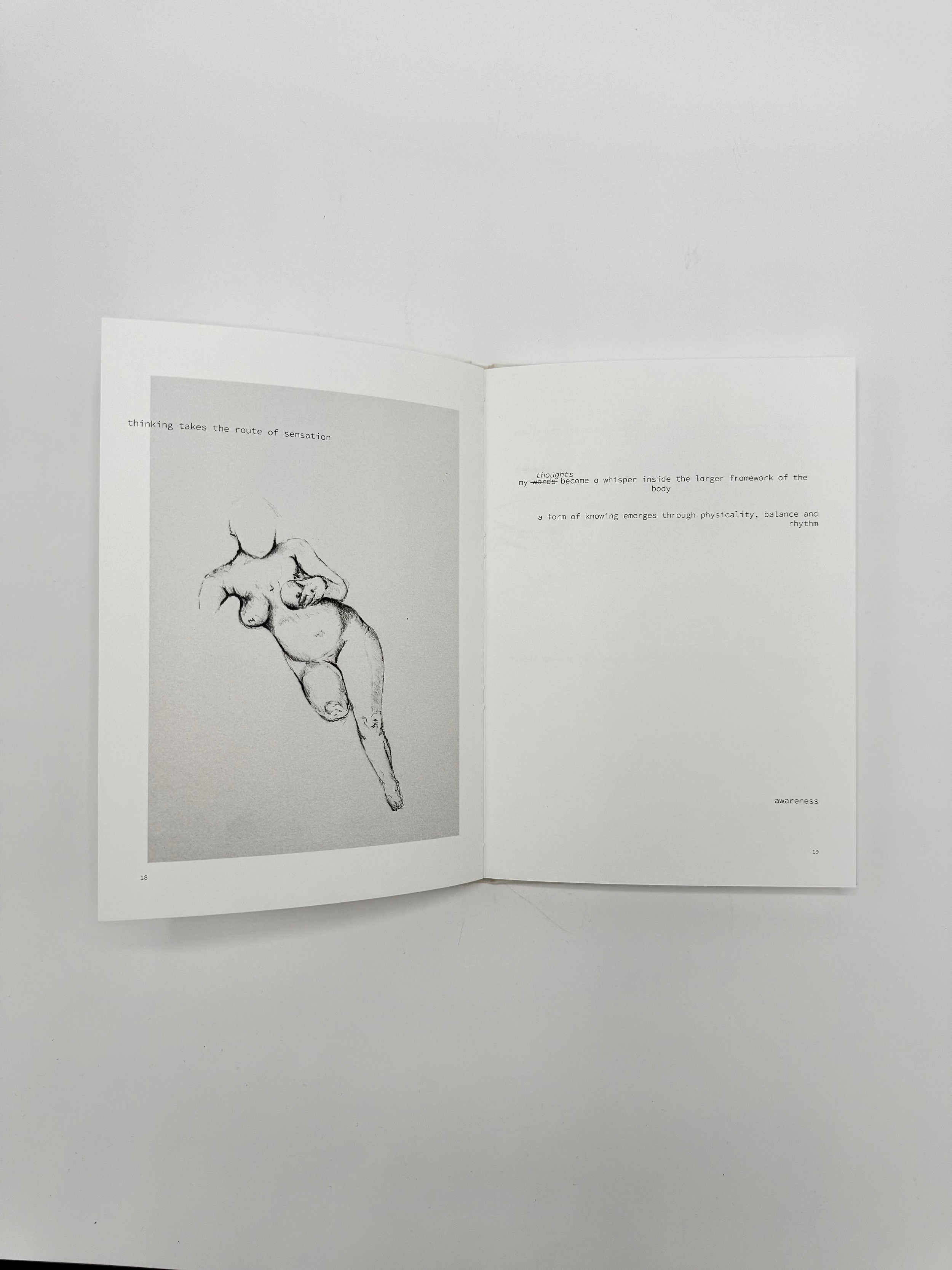 An open booklet showing a black-and-white sketch of a human hand, with text on the right page saying, 'thinking takes the route of sensation,' and additional text about thoughts and physicality, each page numbered 18 and 19.