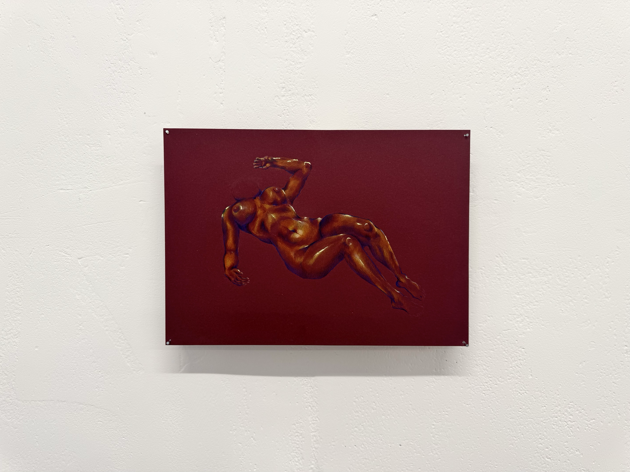 Painting of a reclining nude woman on a red background.