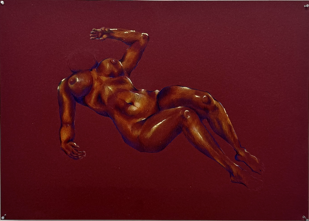 Painted image of a nude woman lying on a dark red background, with a mostly relaxed pose, one arm raised above her head and the other resting on her side.